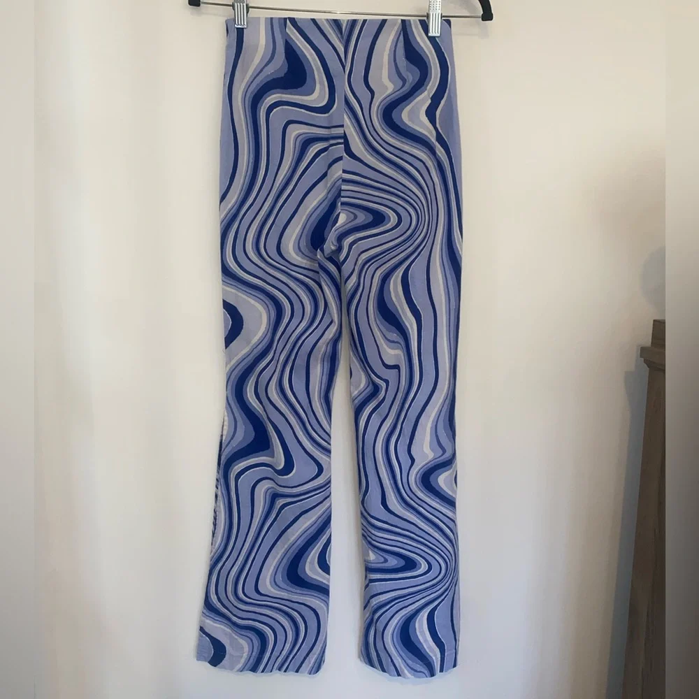 Zara Blue & White Psychedelics Swirl Flare Linen Pants, sz Small